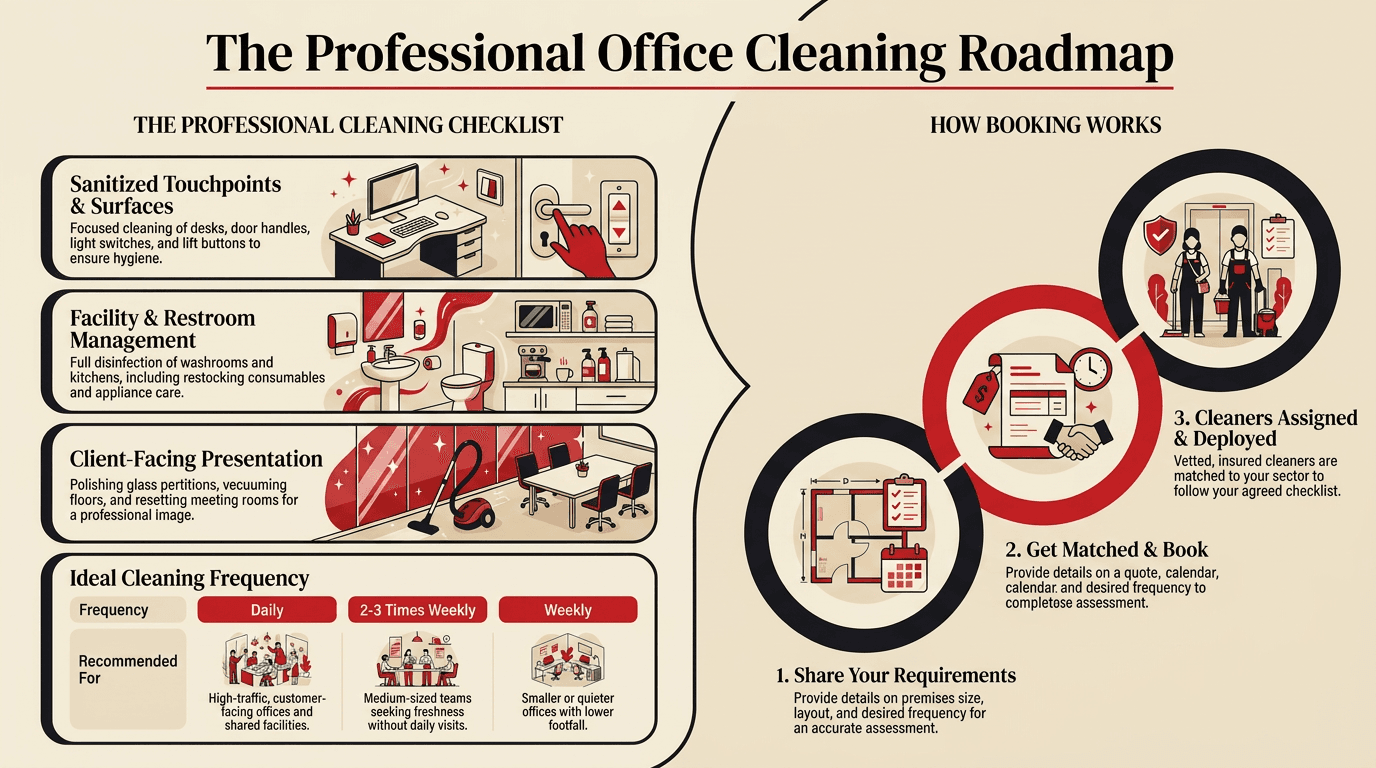 Infographic summarising five reasons professional office cleaning is essential, by Taskino