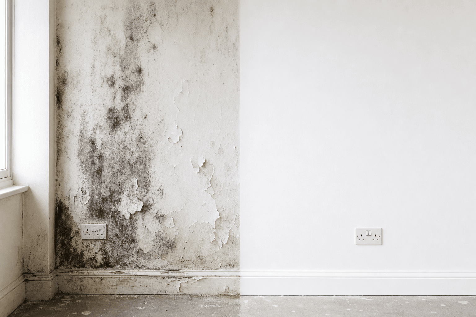 UK wall before and after mould treatment: peeling paint versus clean repainted surface