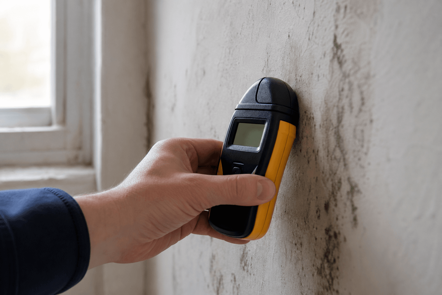 Moisture meter reading on a UK plaster wall near mould staining