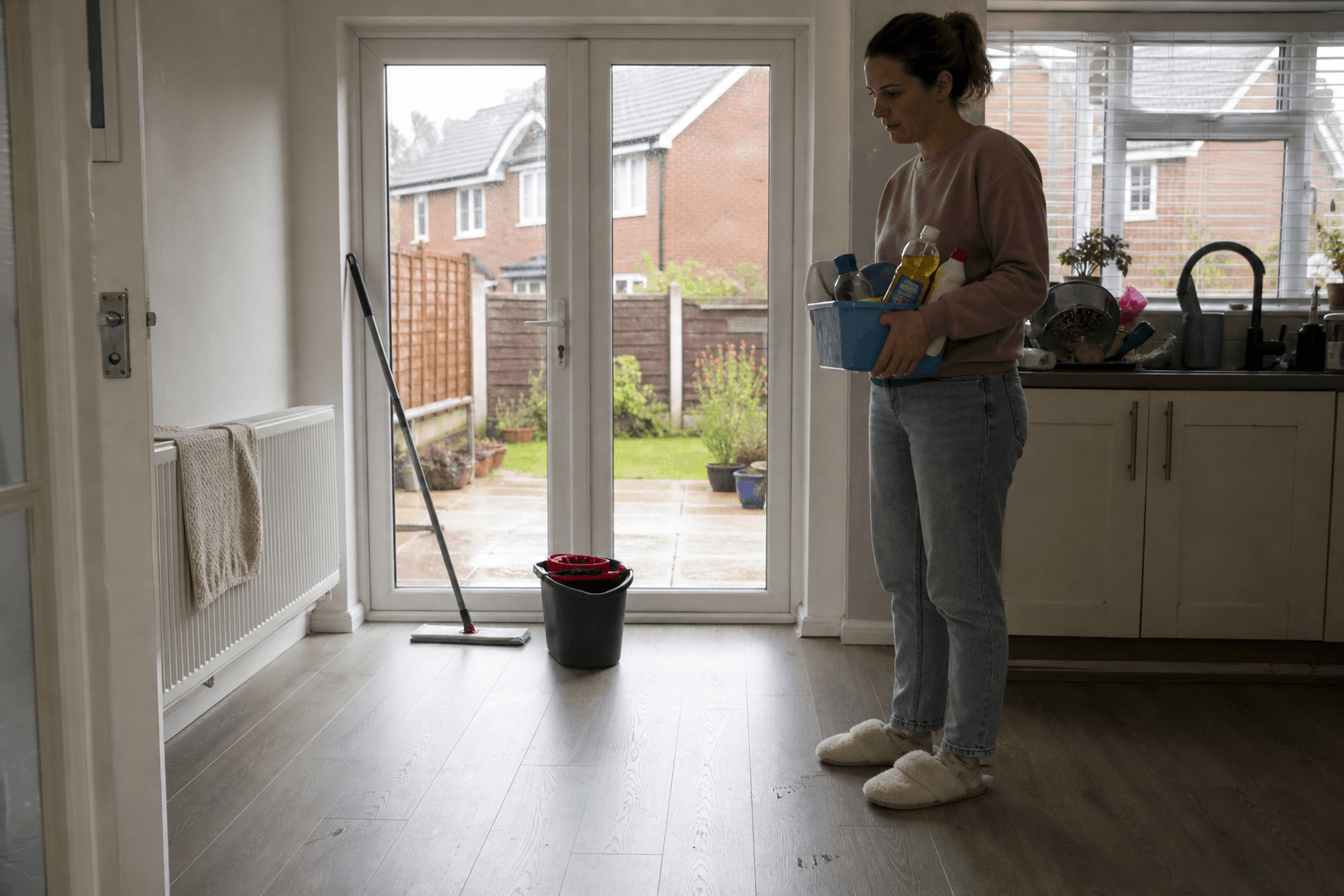 UK homeowner reviewing laminate flooring and cleaning supplies in a kitchen before deep cleaning