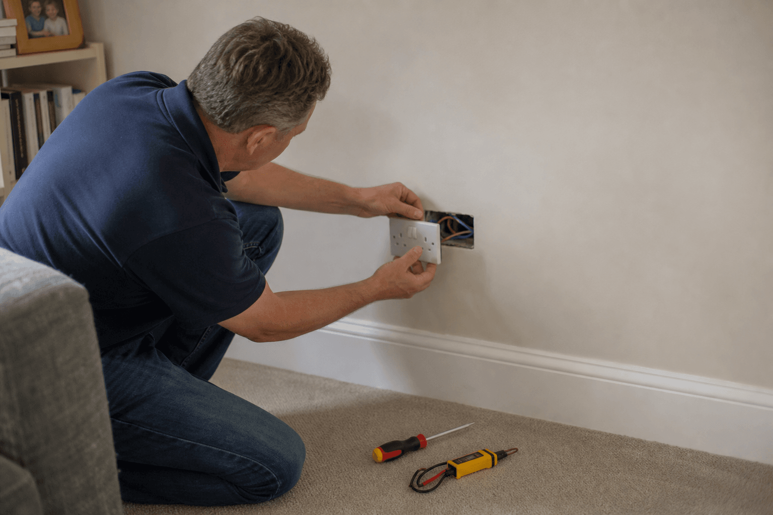UK homeowner replacing a living room double socket during a like-for-like DIY electrical job