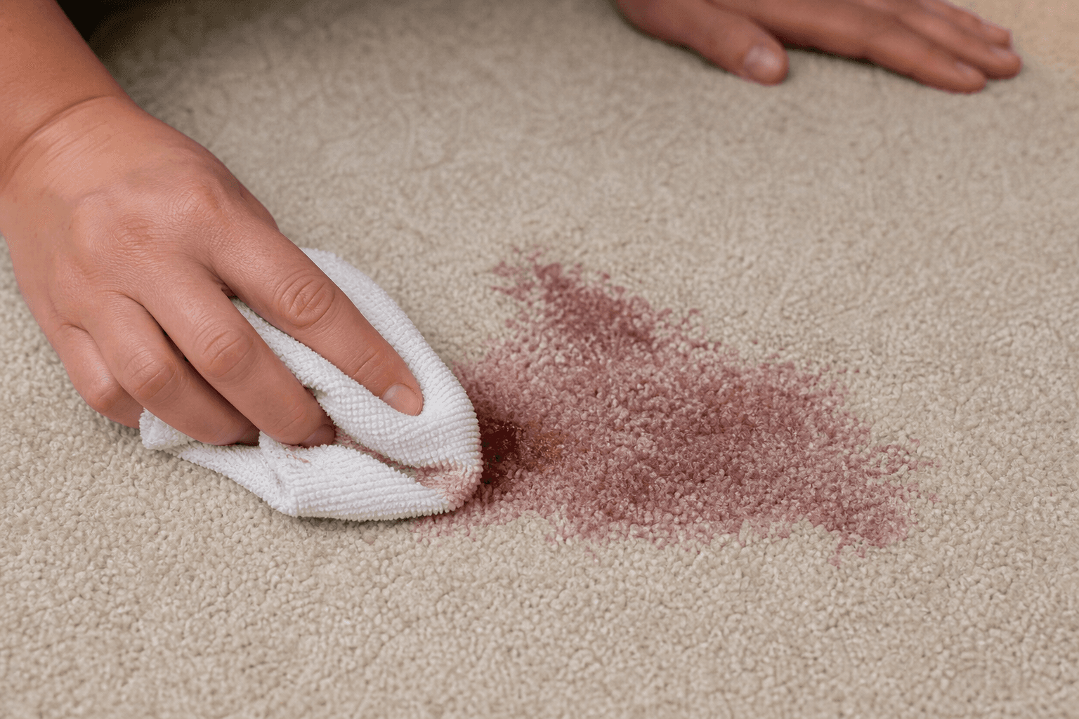 White microfibre cloth blotting red wine on a UK lounge carpet