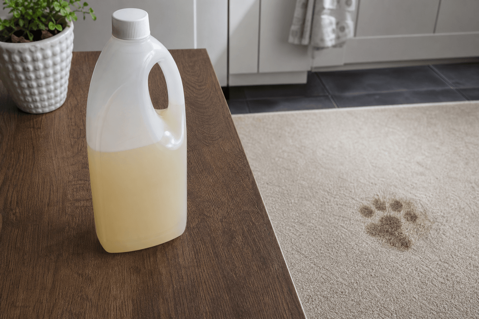 Enzyme carpet cleaner beside a pet urine stain on cream carpet