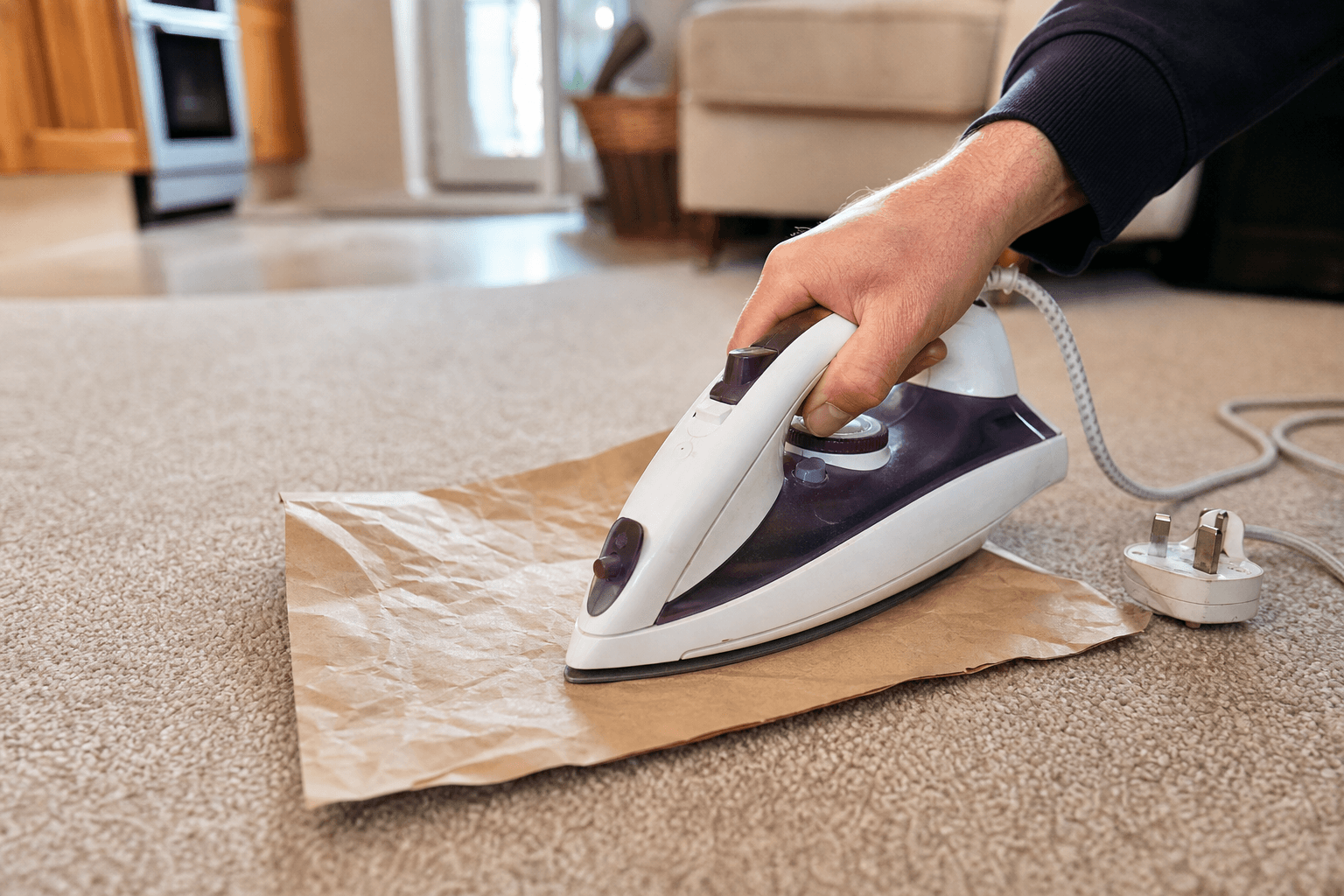 Brown paper and a low-heat iron lifting candle wax from a beige carpet