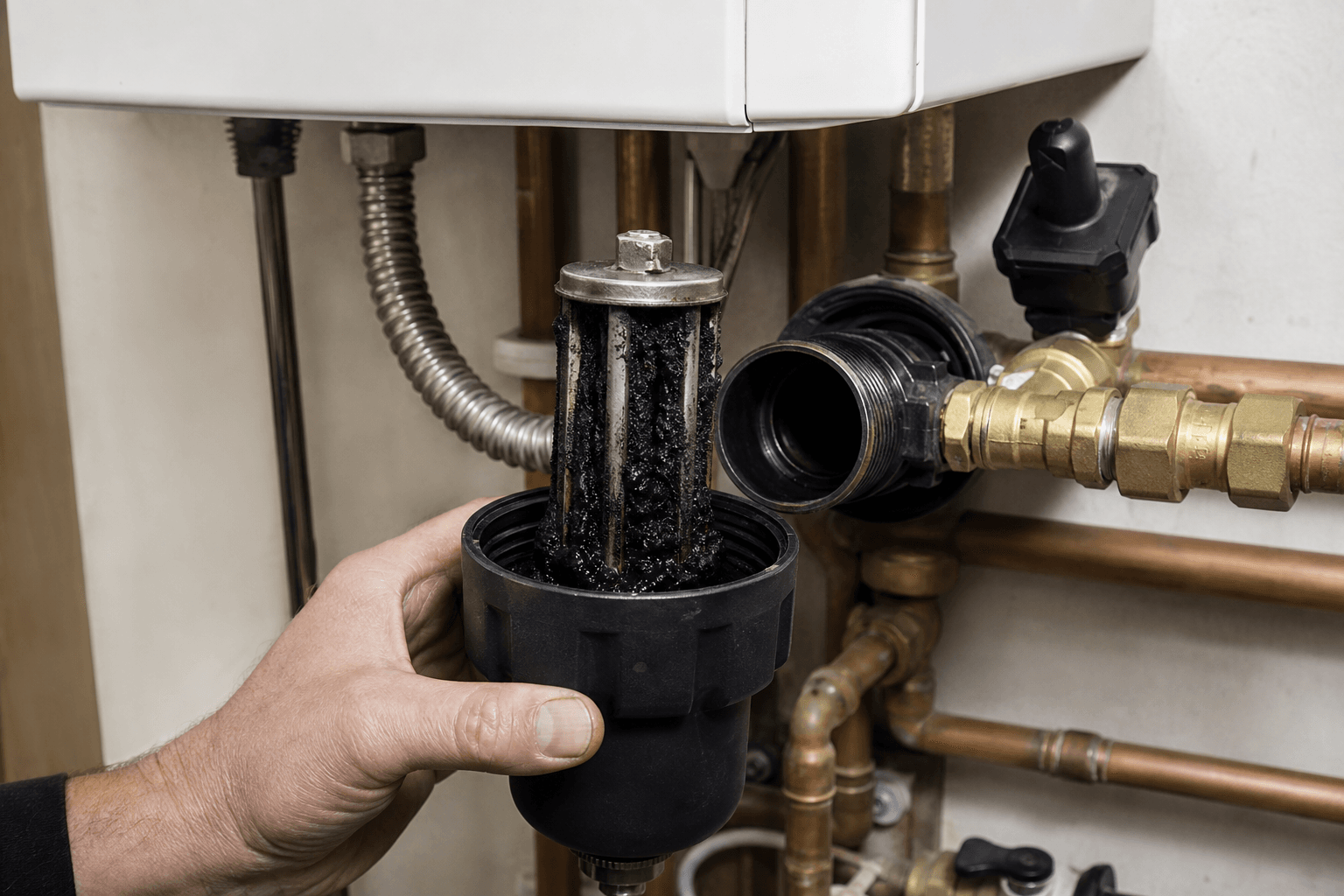 Hand opening Magnaclean filter showing black magnetic sludge on the magnet