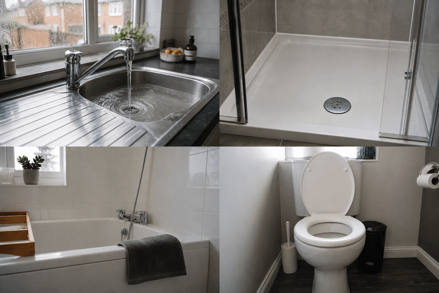 UK kitchen sink, shower, bath and toilet fixtures illustrating common household drain blockages