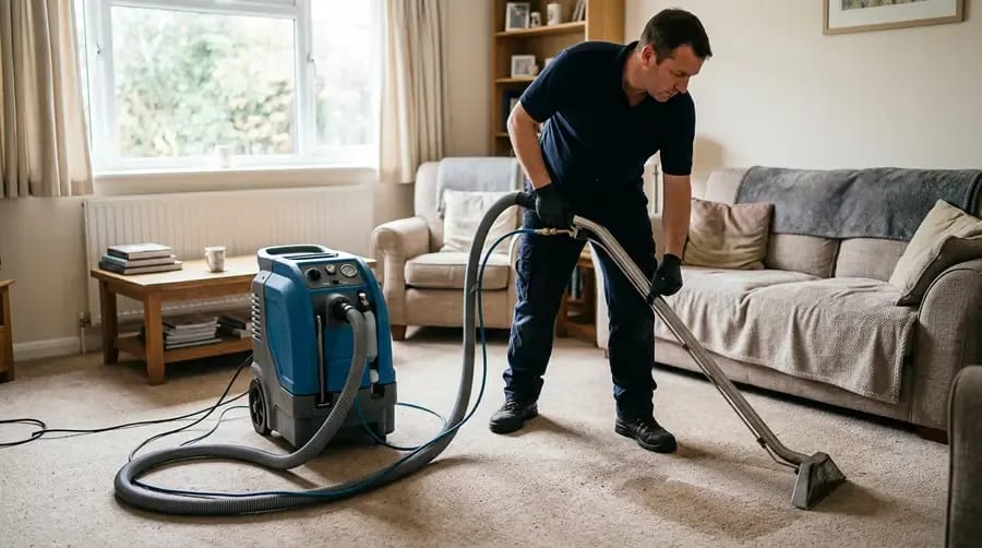 Professional carpet cleaner using a portable extractor on a light carpet in a UK living room [dedupe:taskino:blog:carpet-cleaning-checklist:hero]