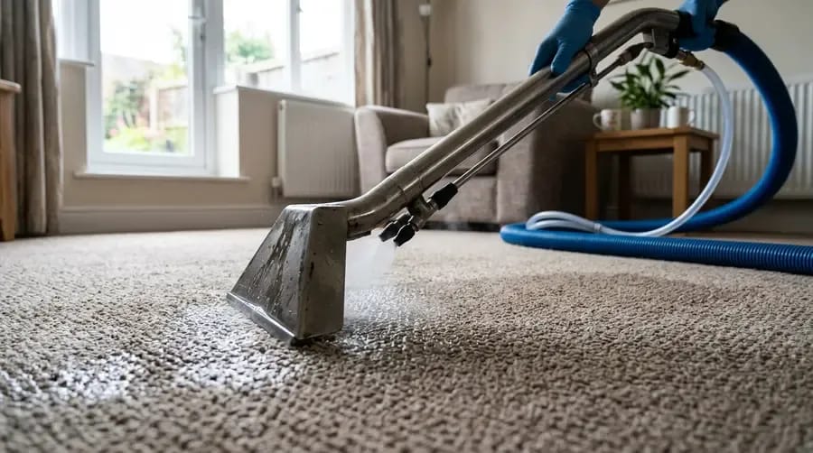 Spot treatment blotting a fresh spill on carpet with white towels [dedupe:taskino:blog:carpet-cleaning-checklist:inline-2]