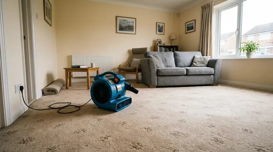Carpet drying with air mover and furniture pads after professional clean [dedupe:taskino:blog:carpet-cleaning-checklist:inline-3]