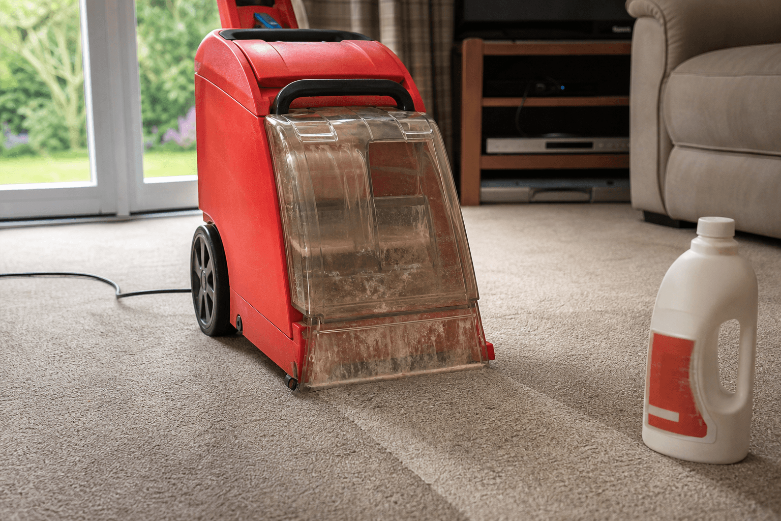 Rug Doctor carpet cleaner on beige UK lounge carpet