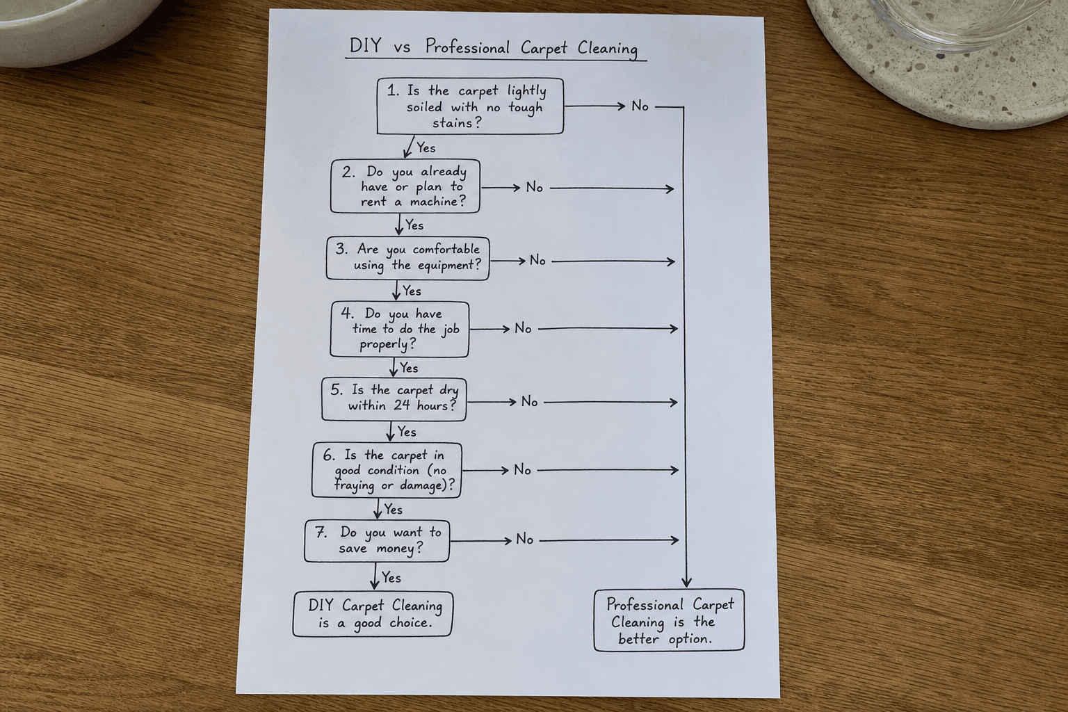 DIY versus professional carpet cleaning decision flowchart on paper