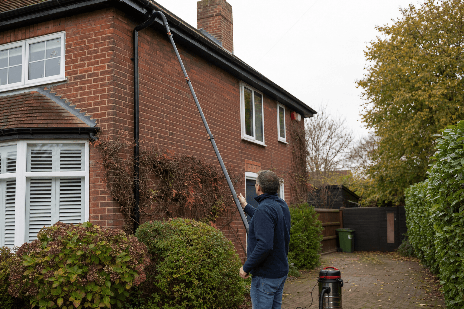 Homeowner clearing UK semi-detached gutters from the ground with a telescopic gutter vacuum