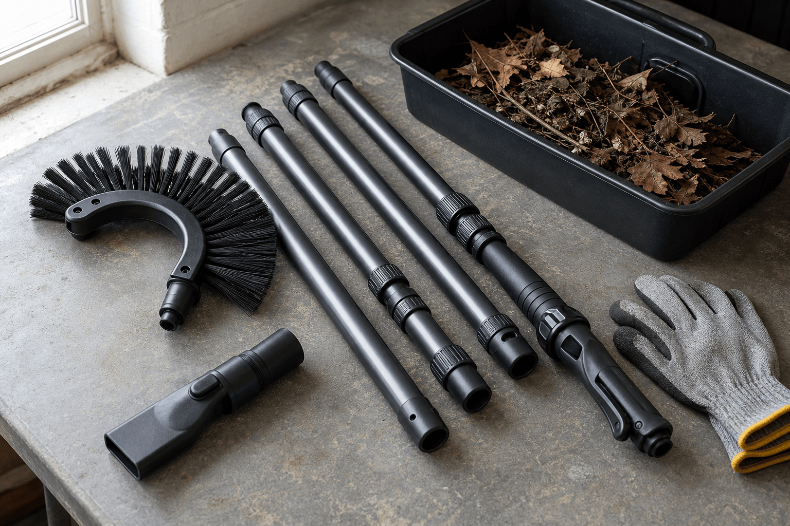 Flat-lay of UK gutter cleaning tools including telescopic pole and brush heads