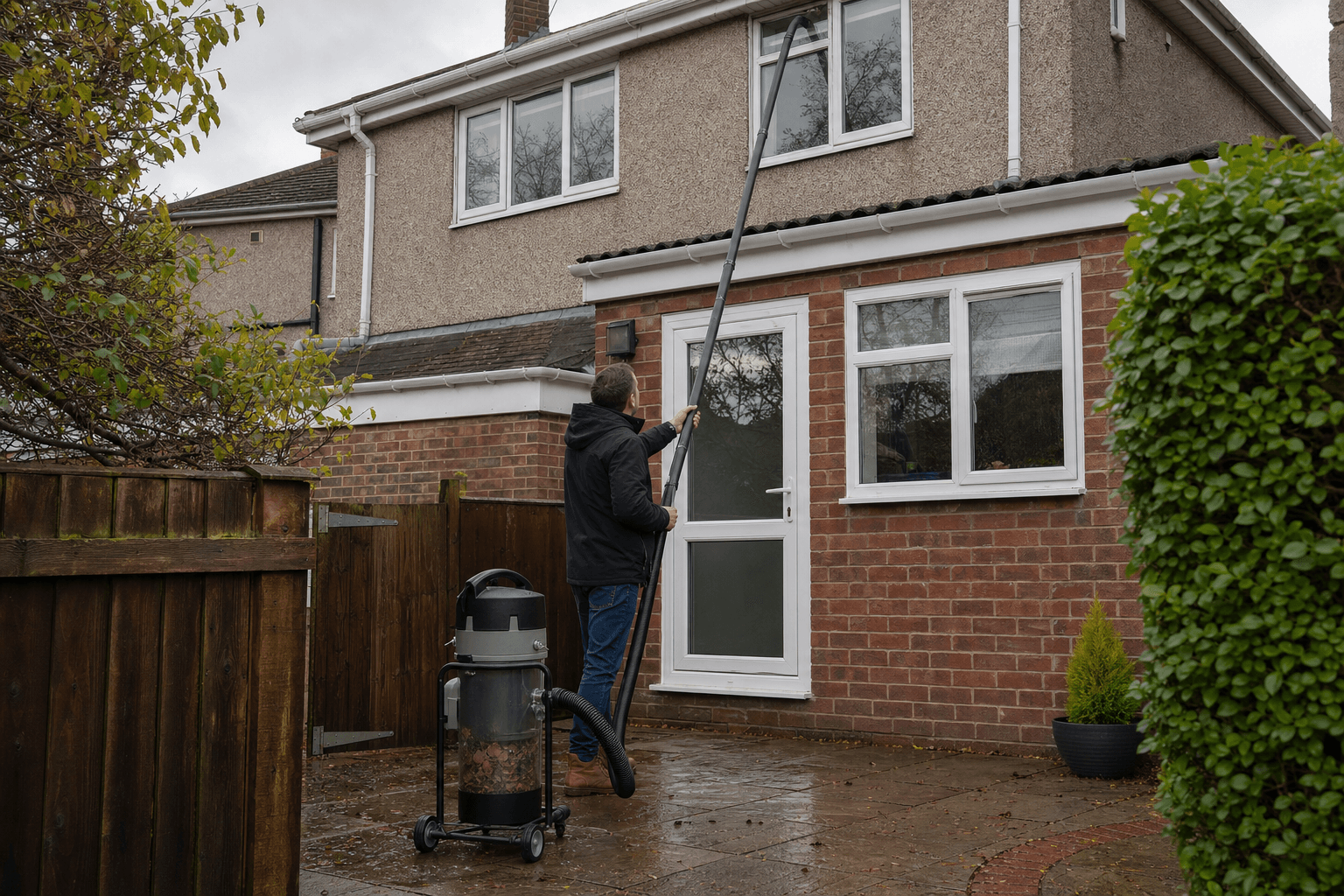 Gutter vacuum unit on a UK patio with pole reaching first-floor gutters