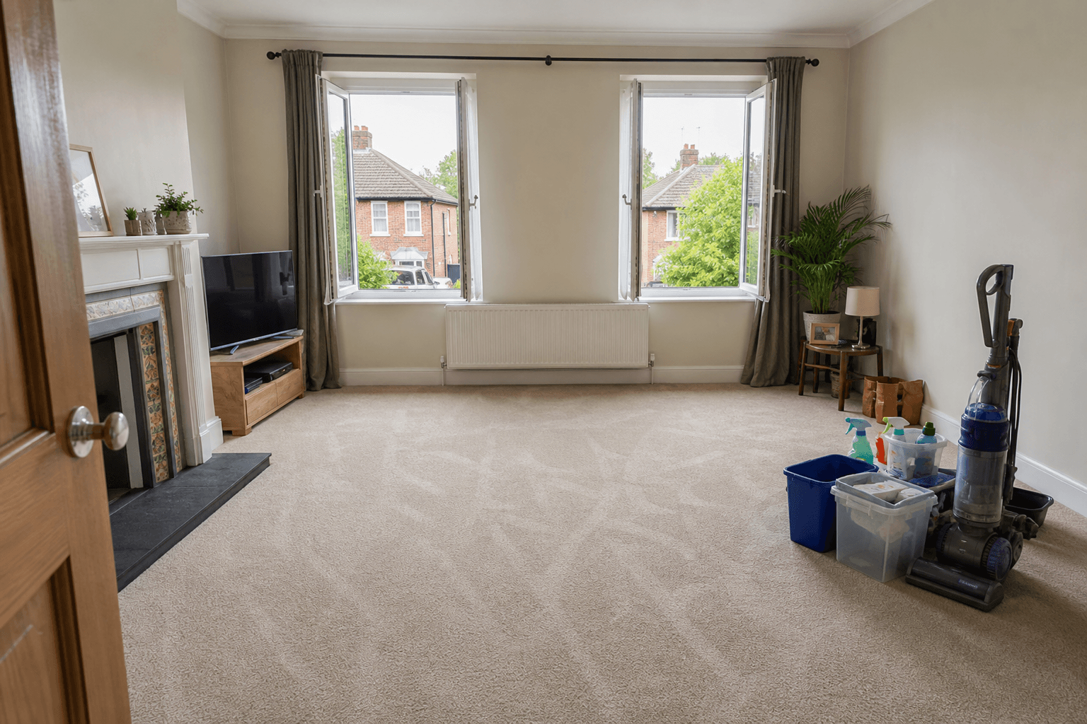 UK living room with freshly cleaned carpet and open windows for ventilation