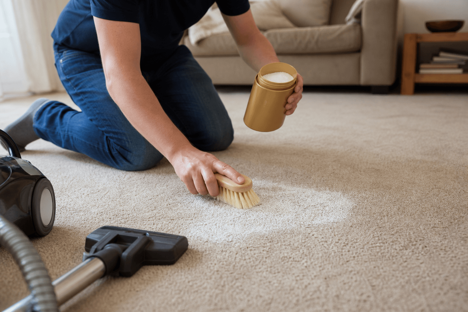Hands working Vanish Gold carpet powder into a UK living-room carpet with a soft brush