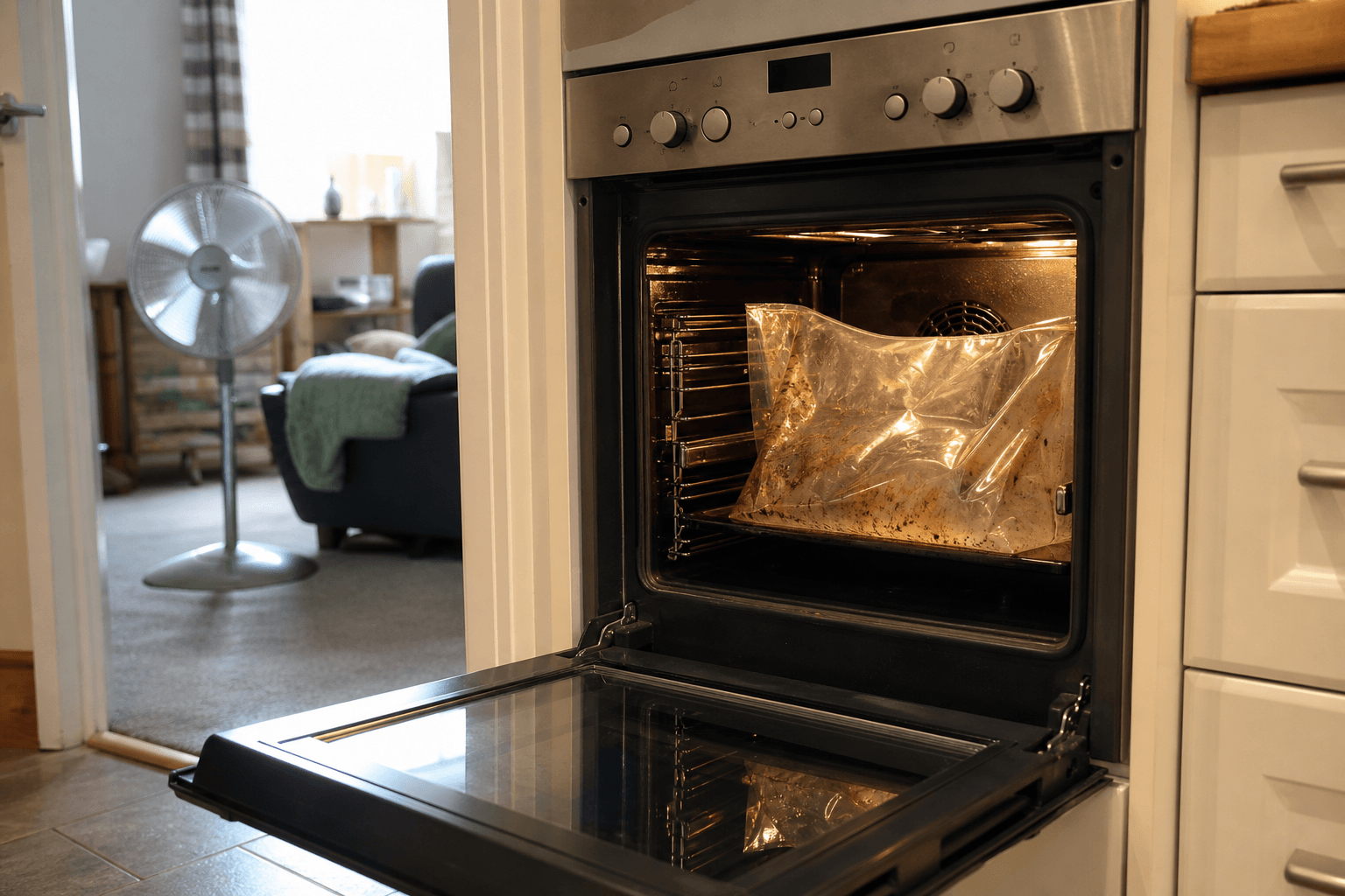 Oven Mate cleaning bag in a Neff oven with carpet drying visible in the background room
