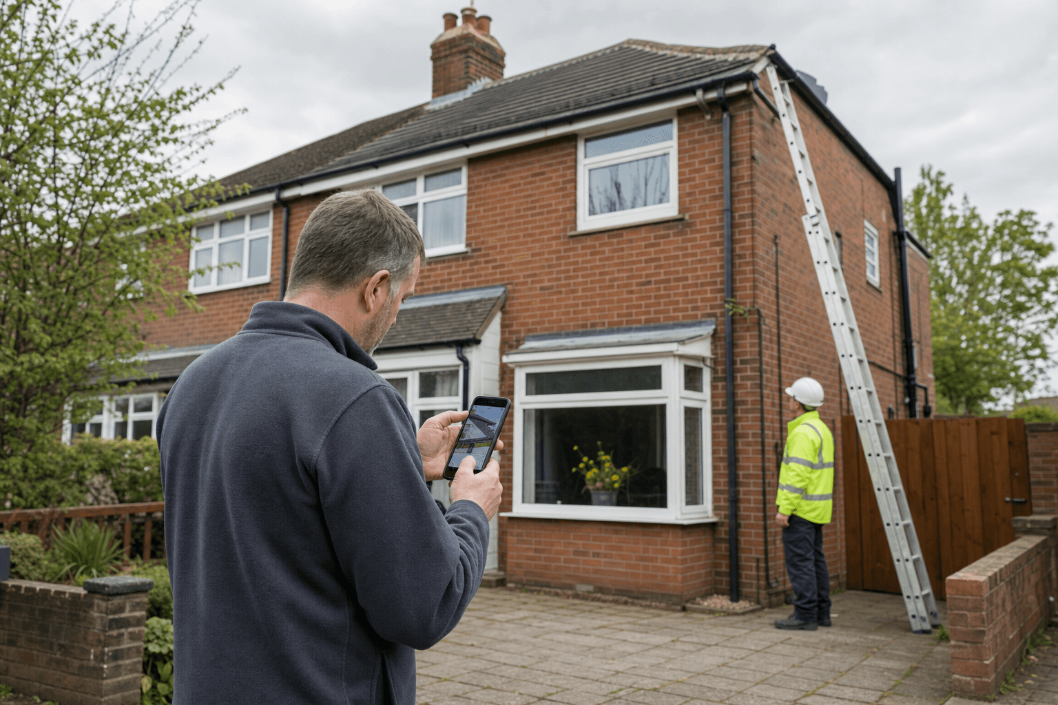 UK homeowner meeting a roofer outside a semi-detached house before a roof quote visit