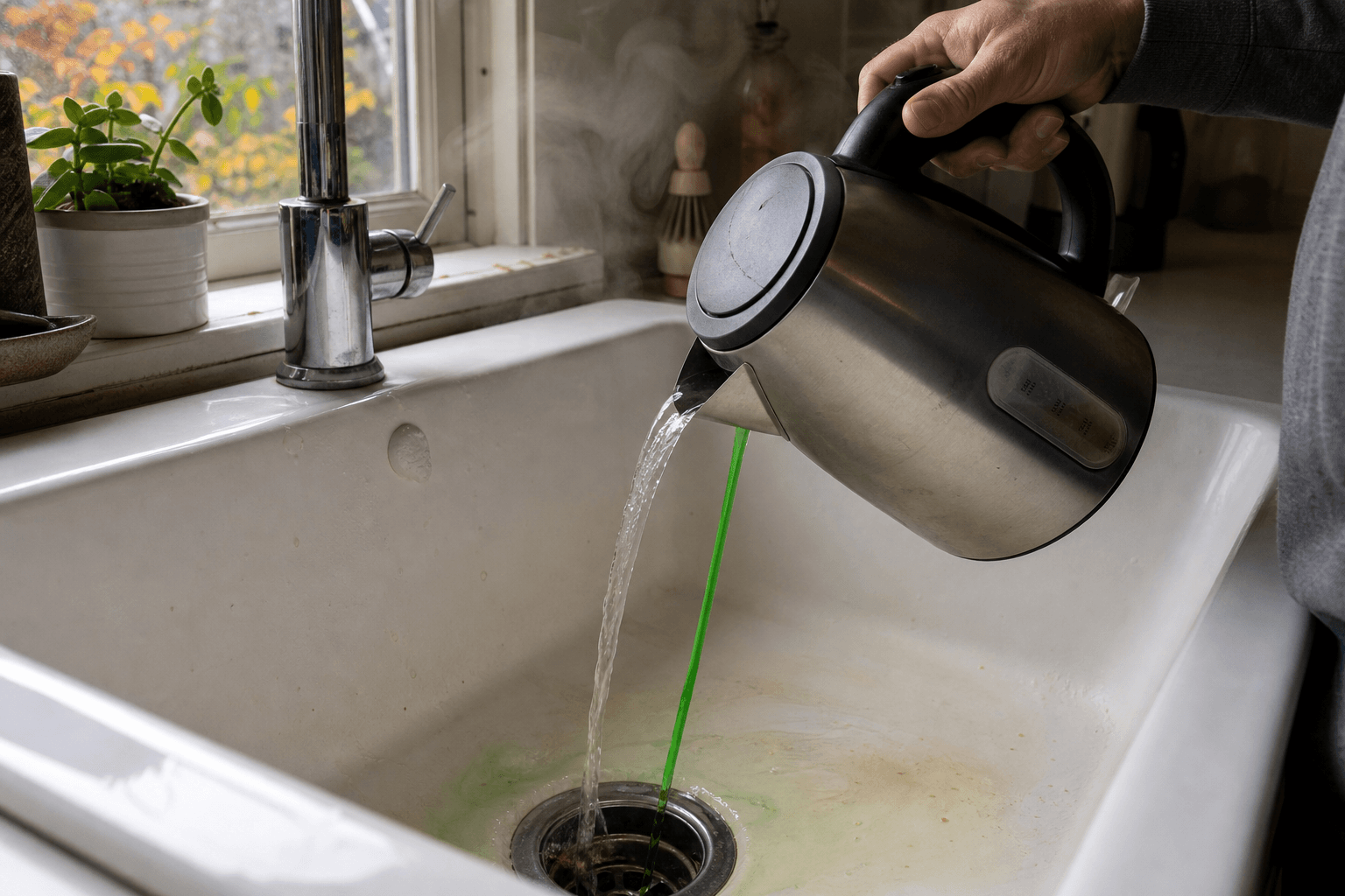 Hot water and washing-up liquid poured into a UK kitchen sink drain