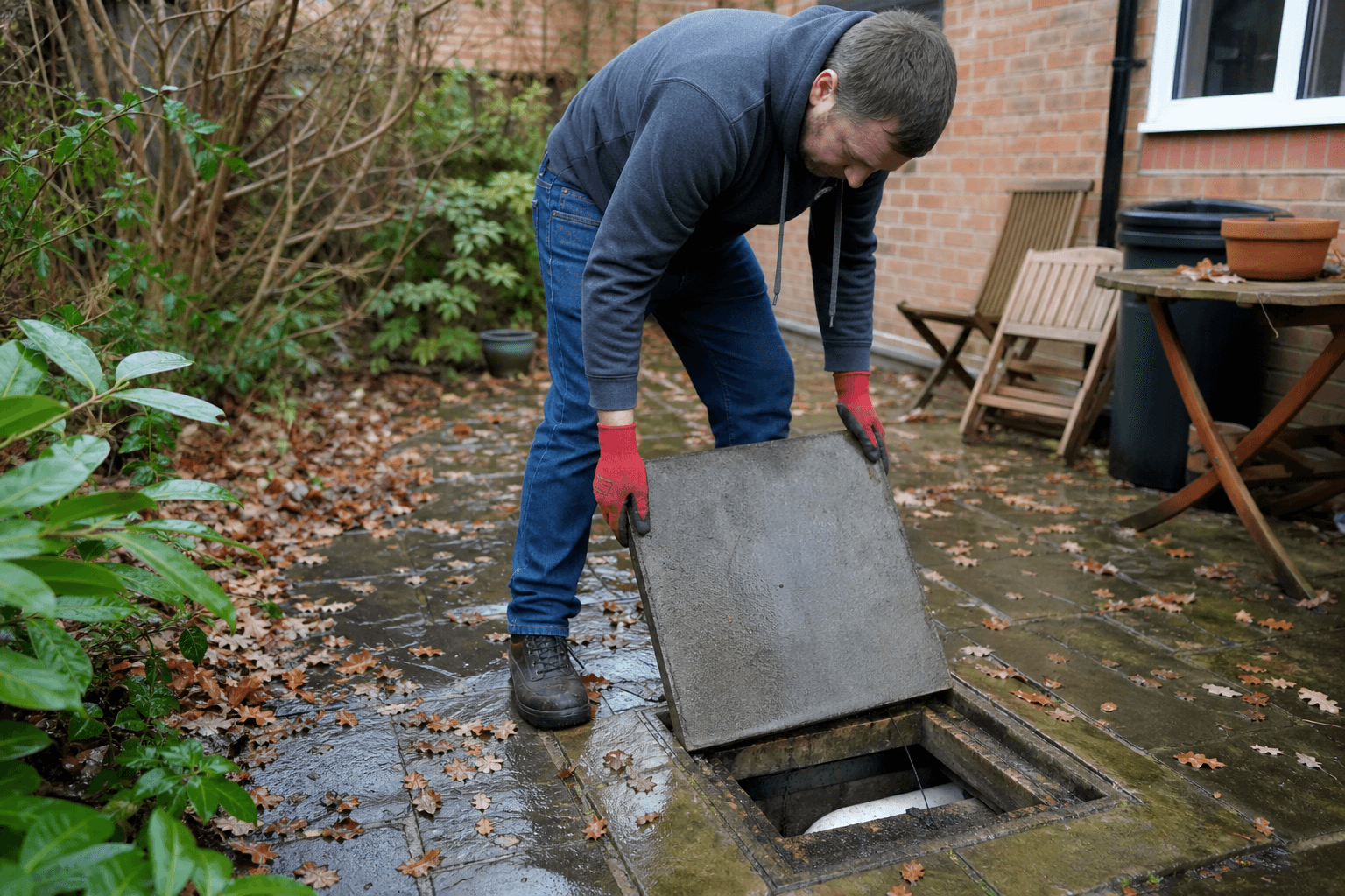UK homeowner lifting an outside drain inspection chamber cover in autumn