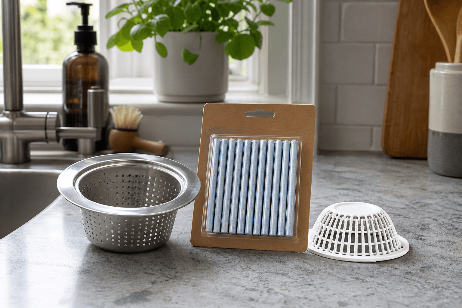 Drain prevention products on a UK kitchen worktop including strainer and enzyme sticks