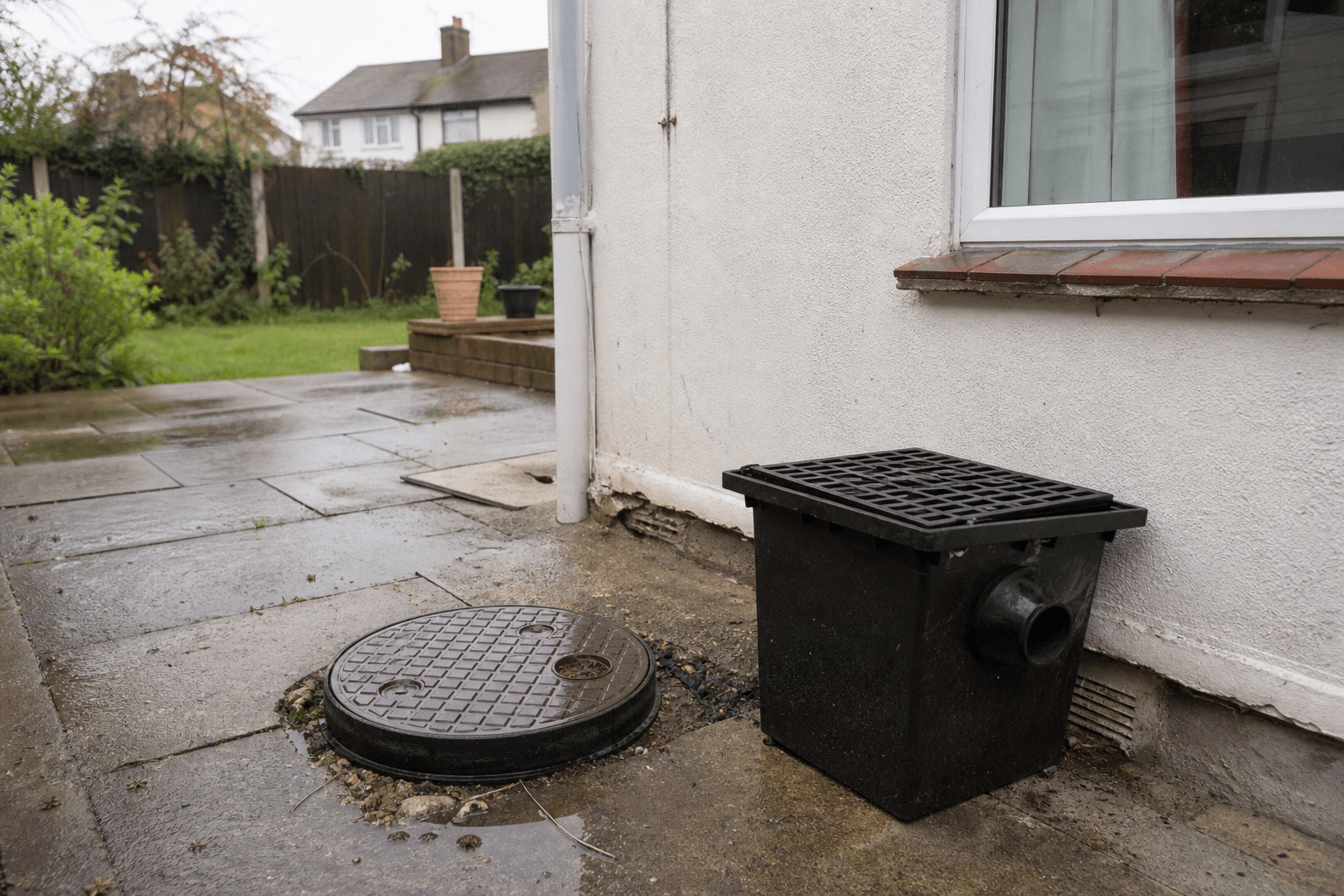 UK semi-detached house rear garden with outdoor drain gully and manhole cover