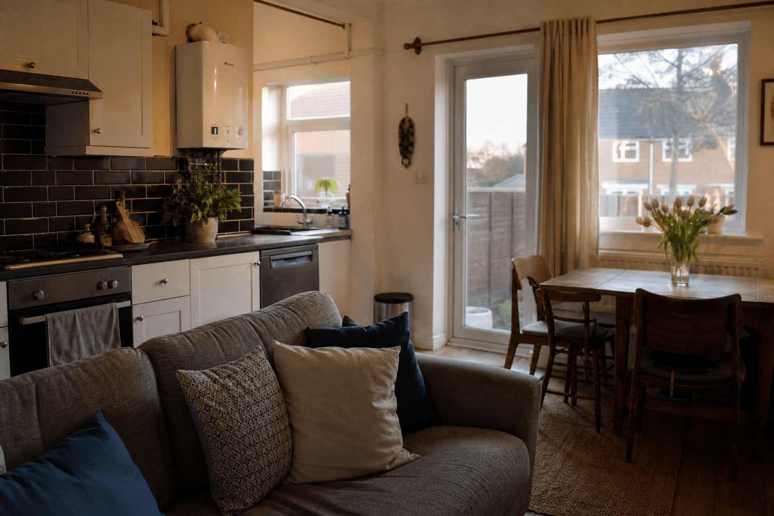 UK living room and kitchen-diner with wall-mounted combi boiler