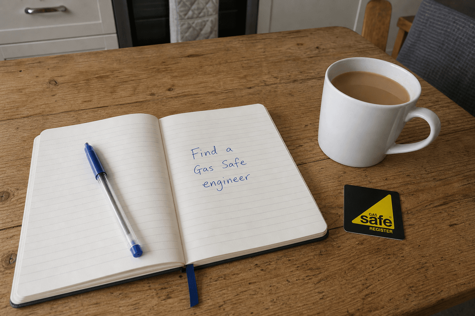 Notebook on a kitchen table with Find a Gas Safe engineer note and Gas Safe card