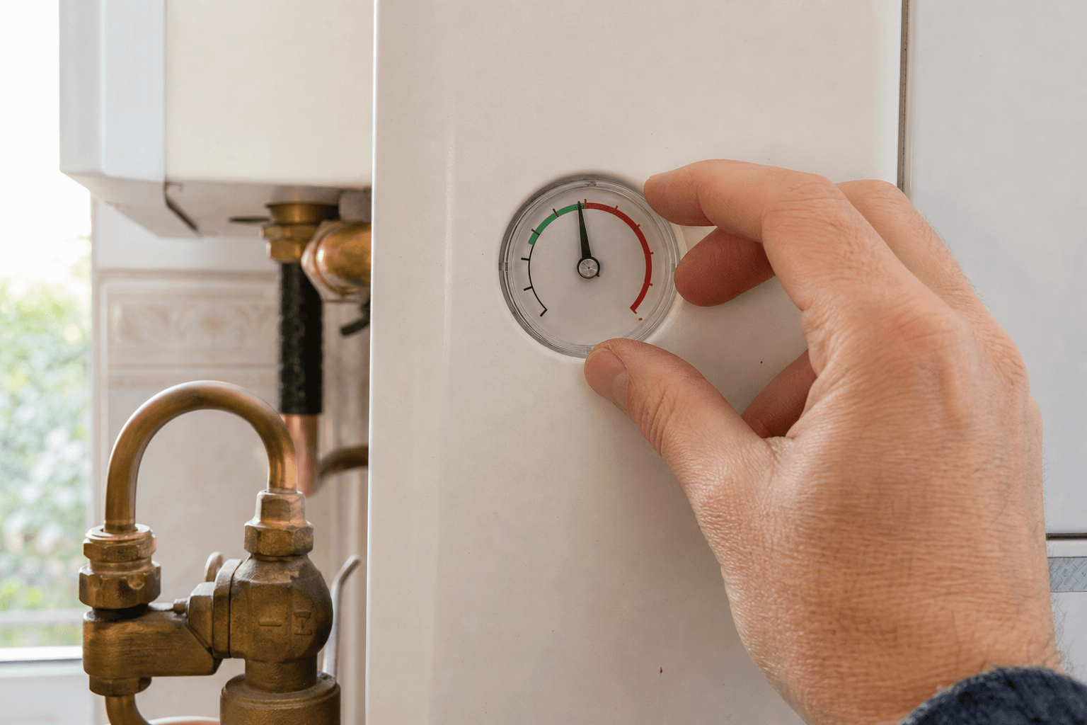 Hand checking boiler pressure gauge at 1.2 bar in a UK kitchen