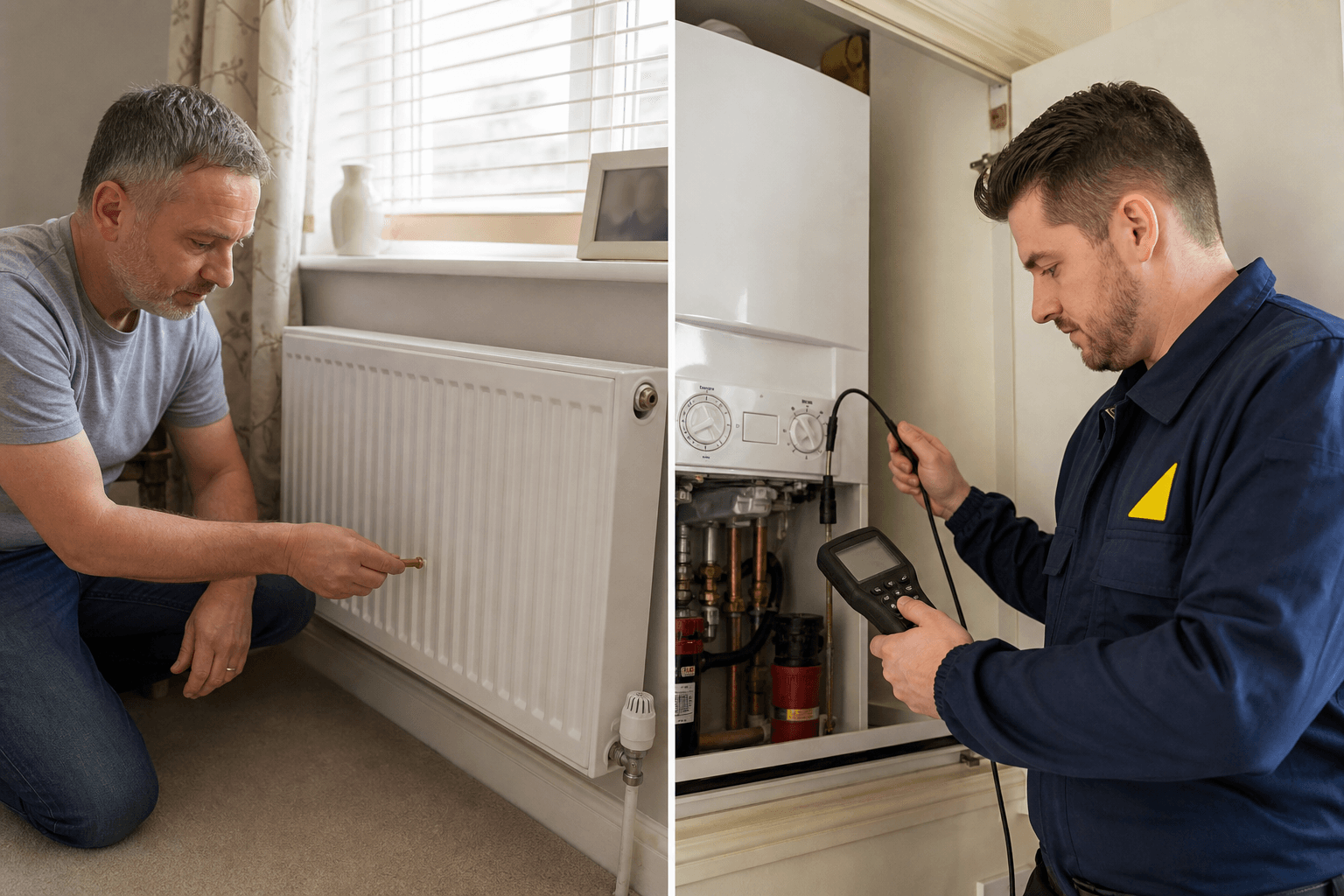 UK homeowner bleeding a radiator beside a Gas Safe engineer servicing a combi boiler