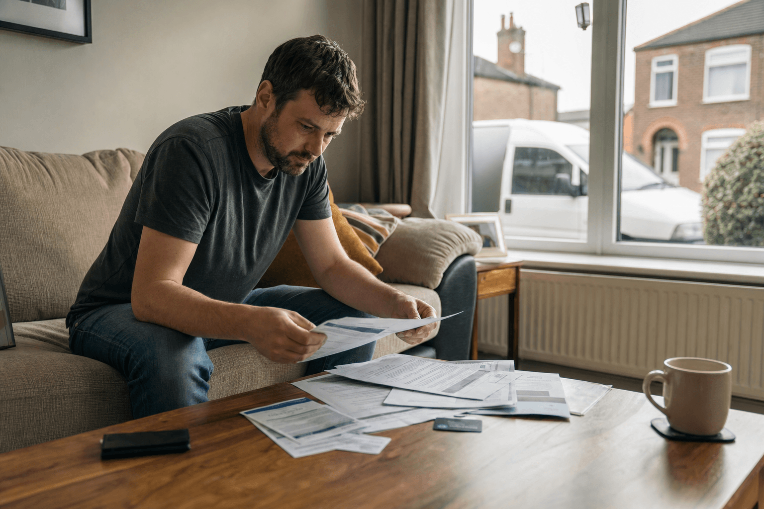 UK homeowner comparing carpet cleaner quotes in a living room