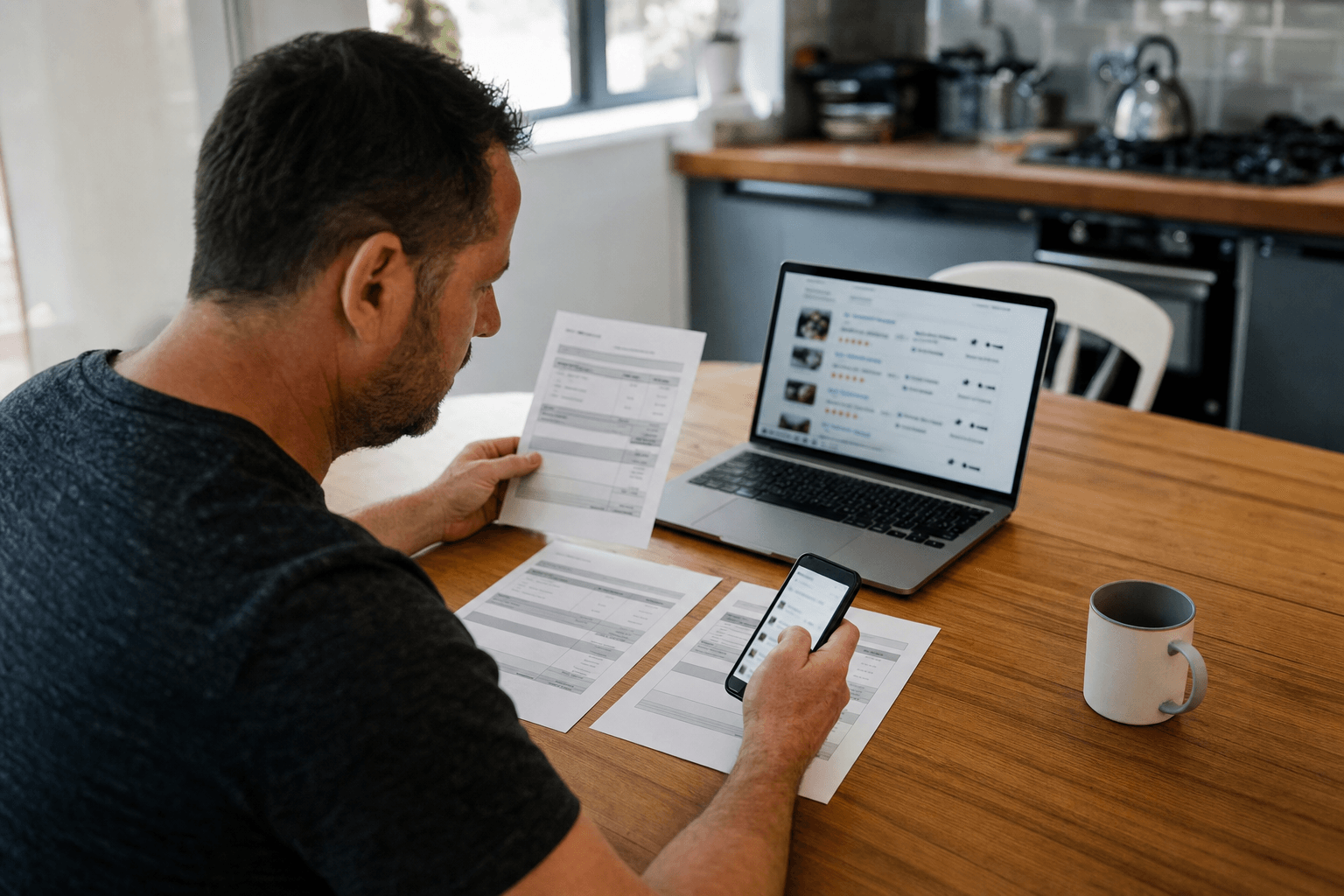 Homeowner comparing carpet cleaning quotes on laptop and phone