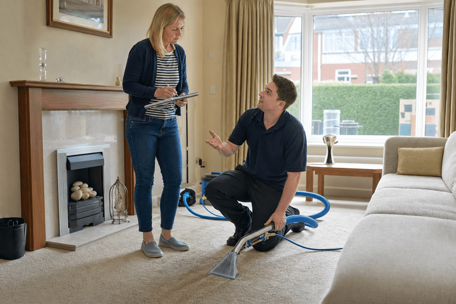 Carpet cleaner explaining hot-water extraction to a UK homeowner
