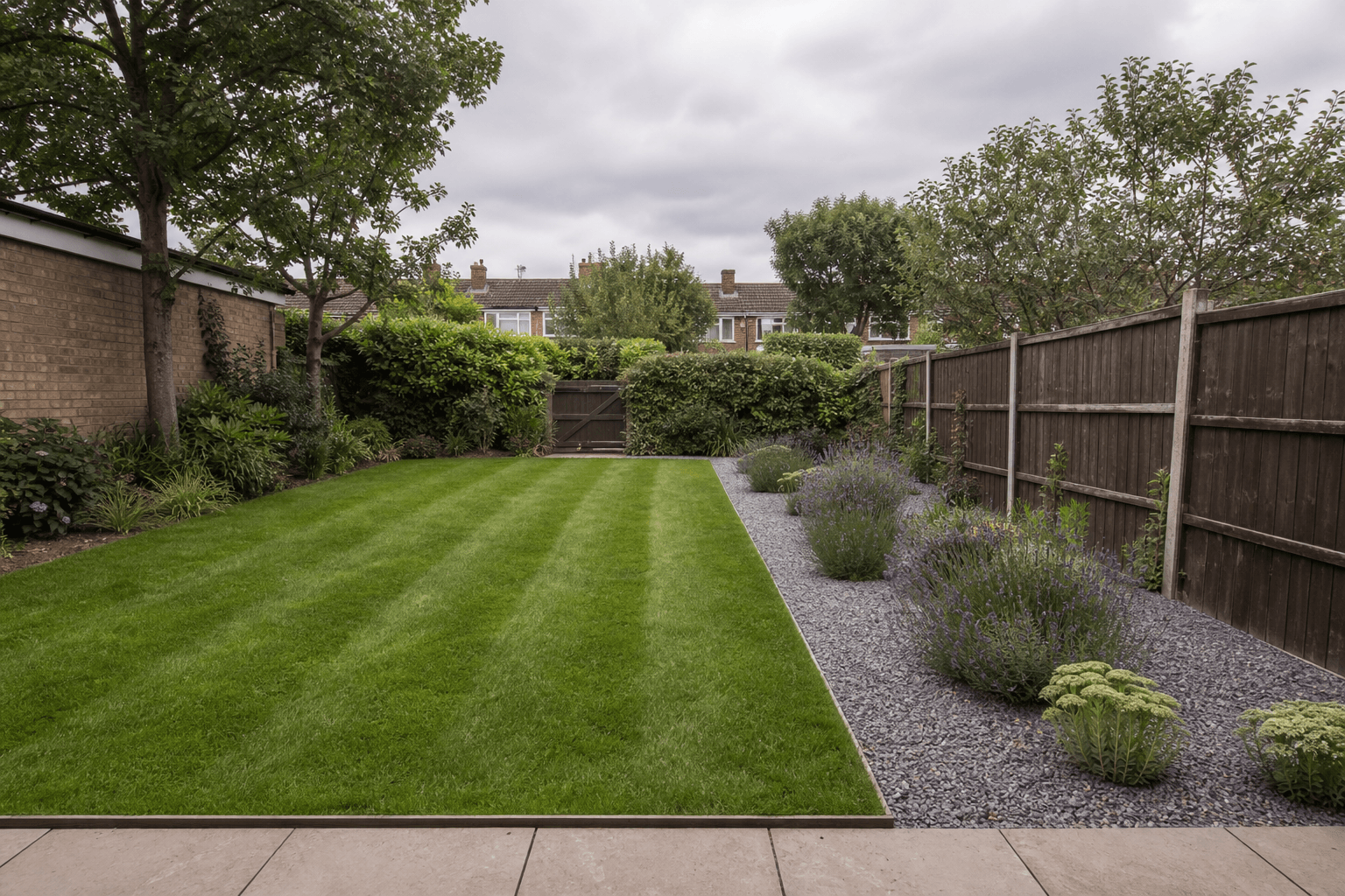 UK back garden with natural lawn and gravel planting border, wide view