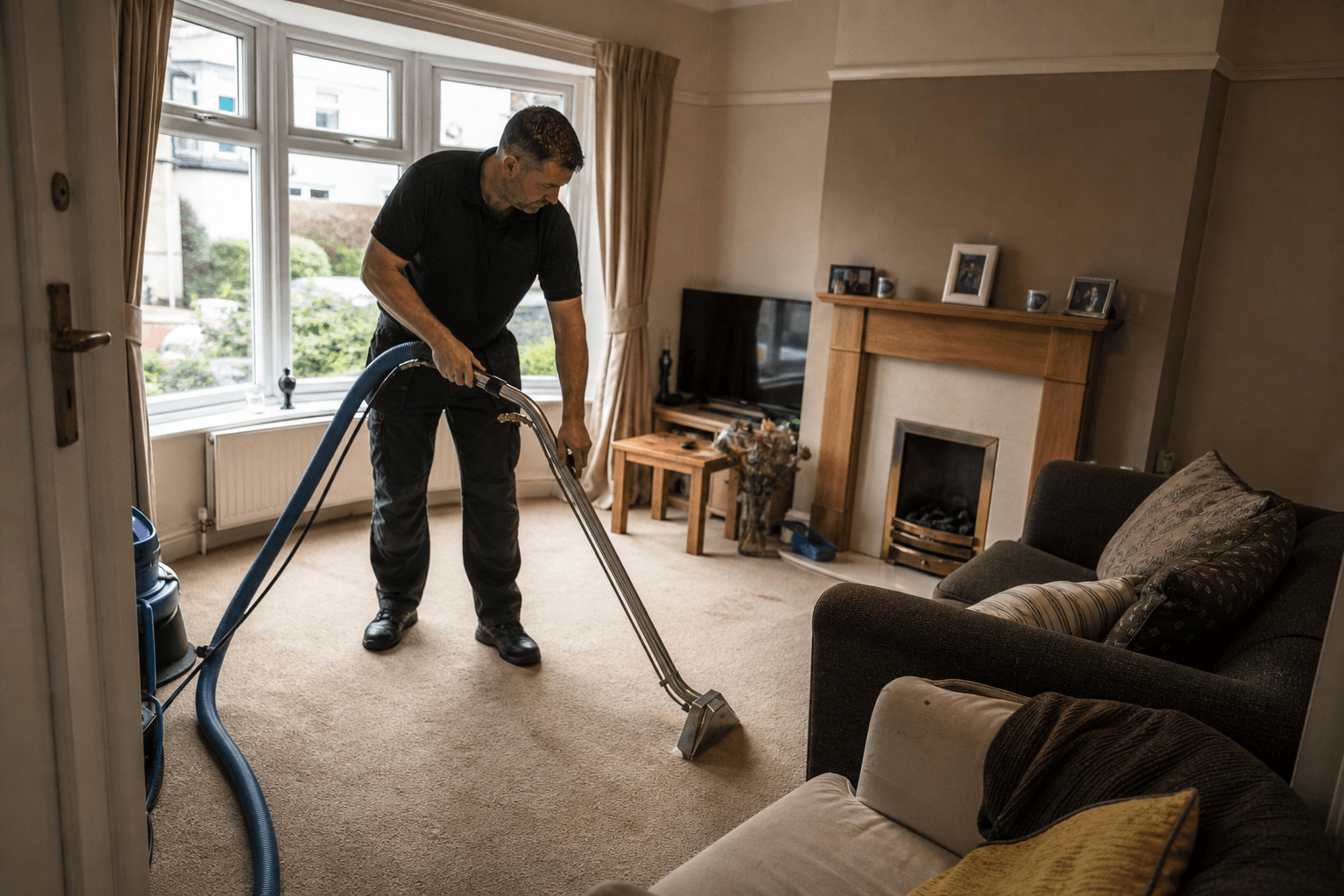 Professional carpet extraction in a UK semi-detached living room