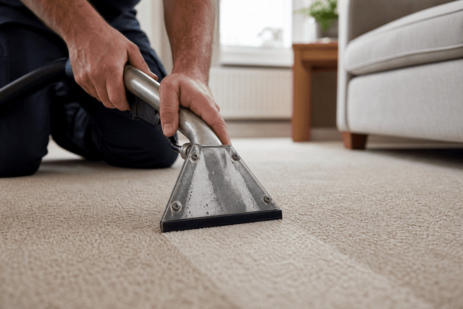 Hot-water extraction wand cleaning a UK lounge carpet