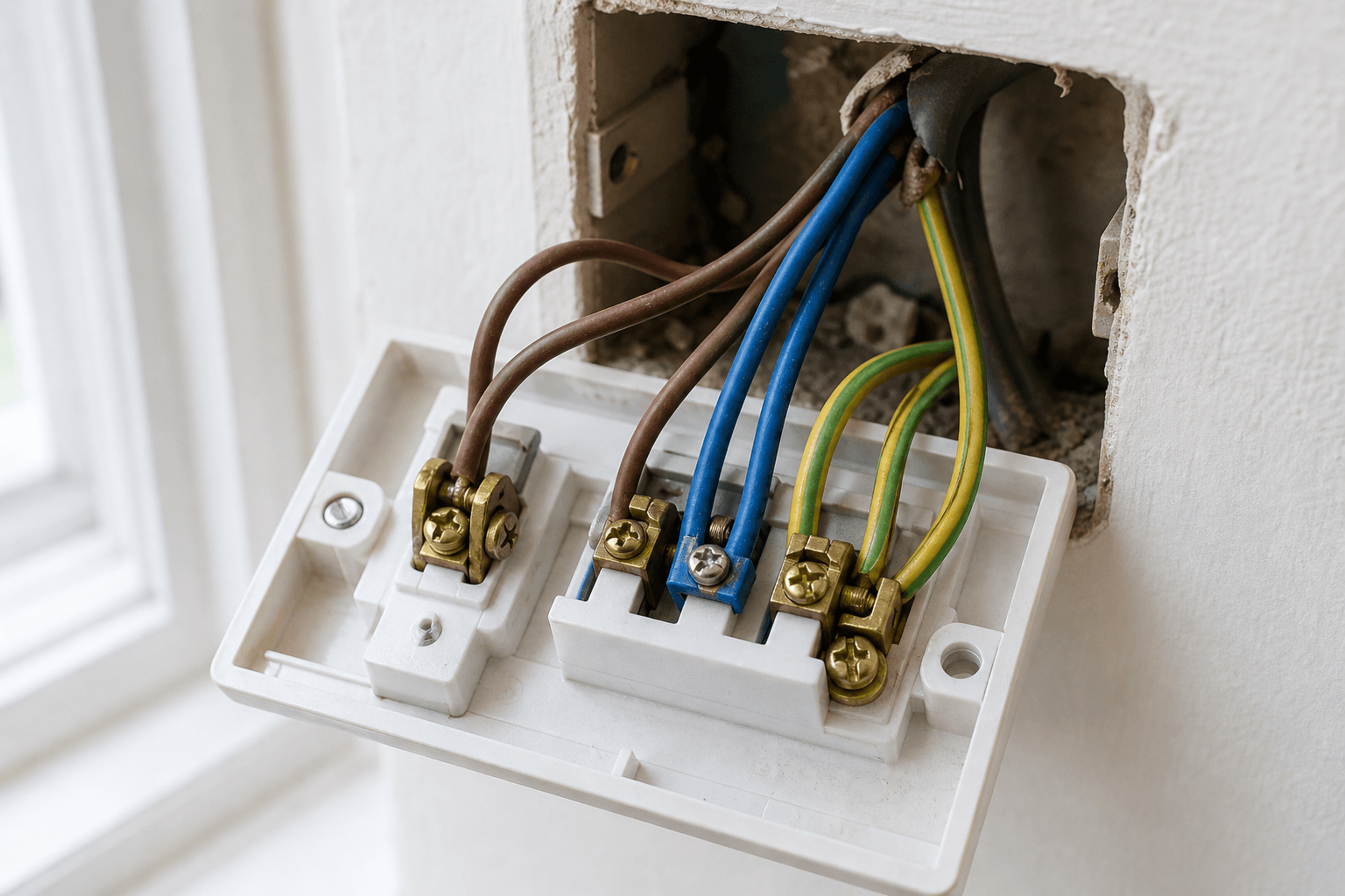 Close-up of UK light switch wiring at terminals in an open backbox