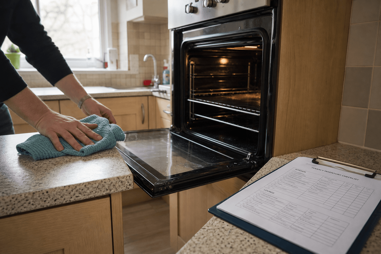 UK kitchen worktop wipe, oven interior deep clean, and printed inventory checklist