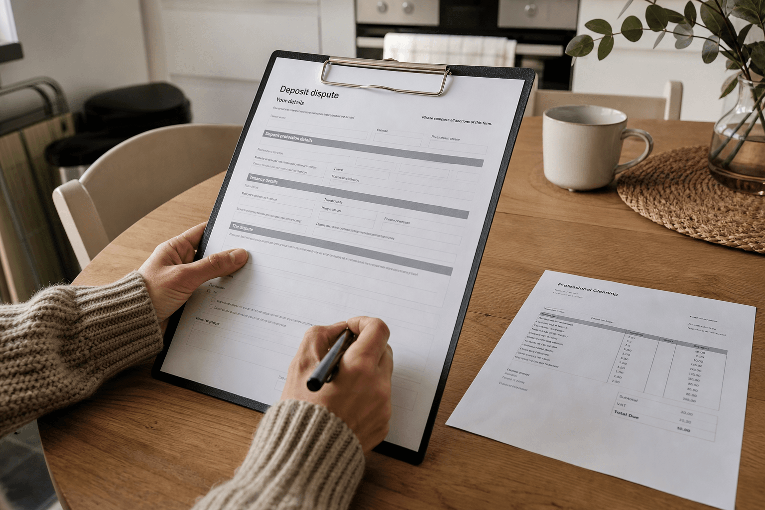 Hands holding UK tenancy deposit dispute form and professional cleaning receipt on clipboard