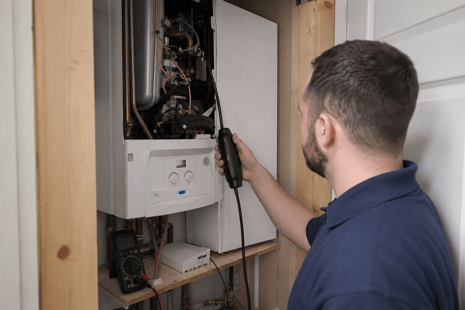 Gas Safe registered engineer servicing a Worcester Bosch combi boiler with flue gas analyser