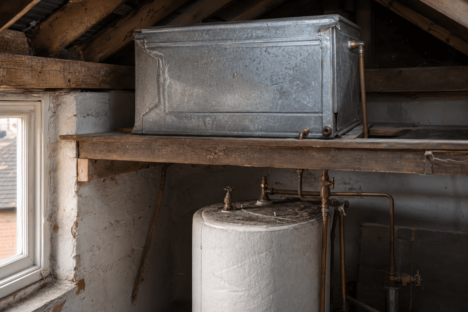 Loft cold water tank above hot water cylinder with copper pipework in a UK home