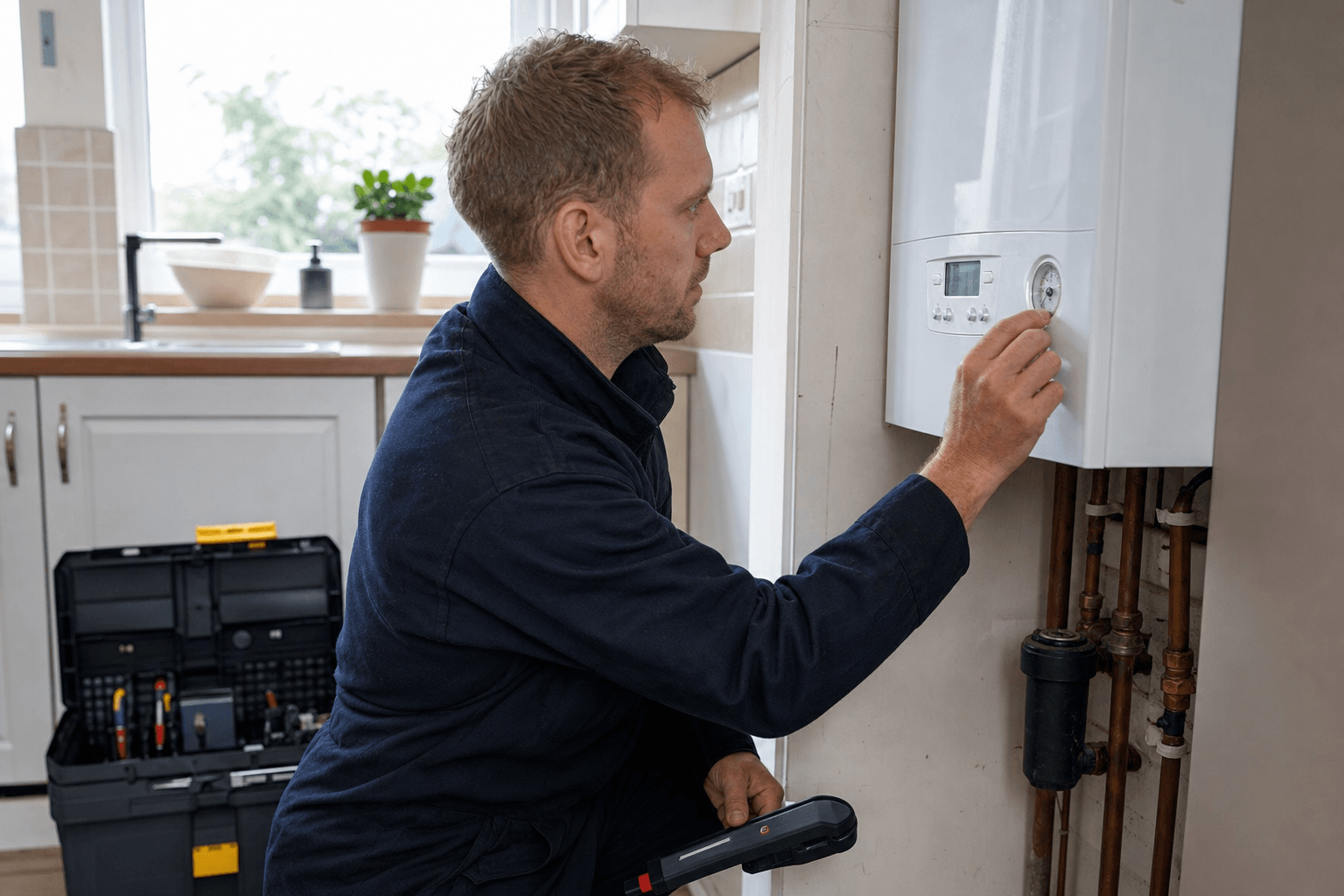 Gas Safe heating engineer checking combi boiler pressure in a UK kitchen utility area