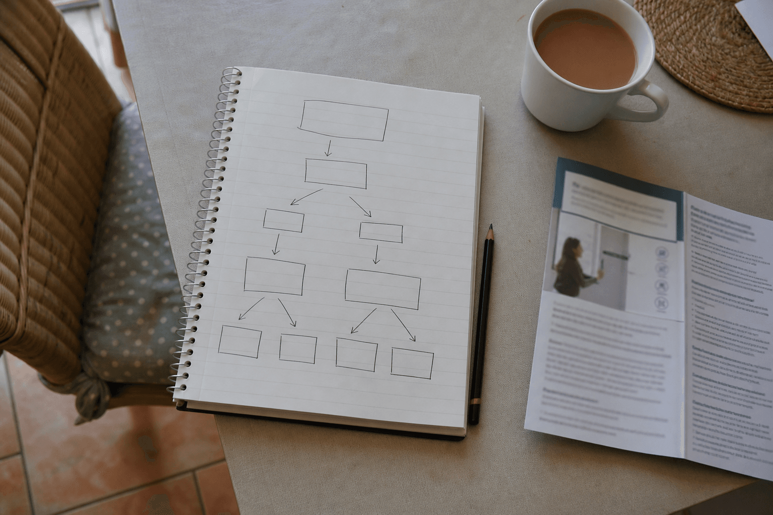 Notebook flowchart for choosing a UK boiler type beside an MCS leaflet on a kitchen table