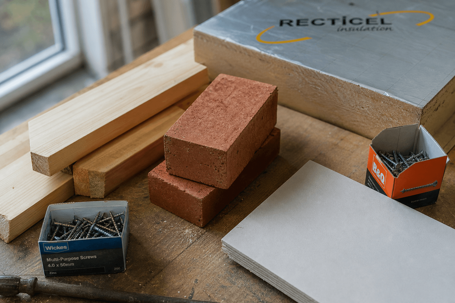 Flat-lay of UK extension build materials including timber, brick samples and plasterboard on a workbench