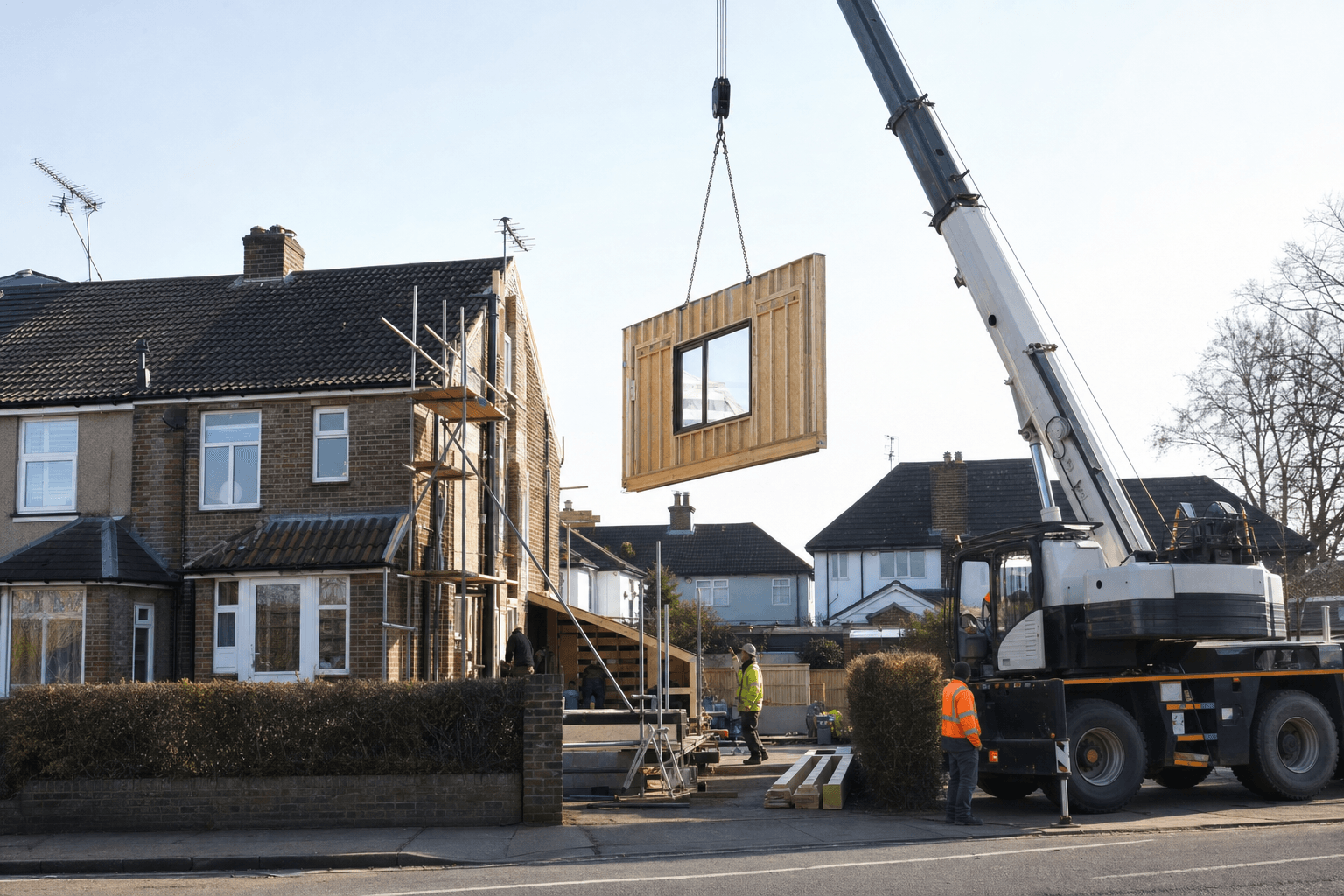 Timber frame extension panel craned into place beside a UK semi-detached house with scaffolding