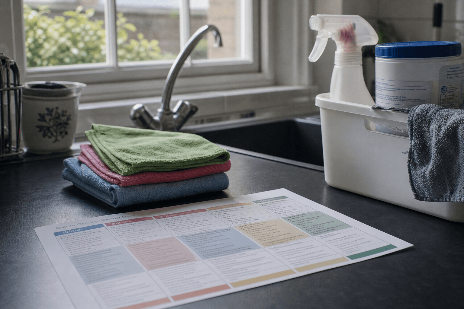 UK kitchen worktop with quarterly cleaning calendar and supplies in a caddy