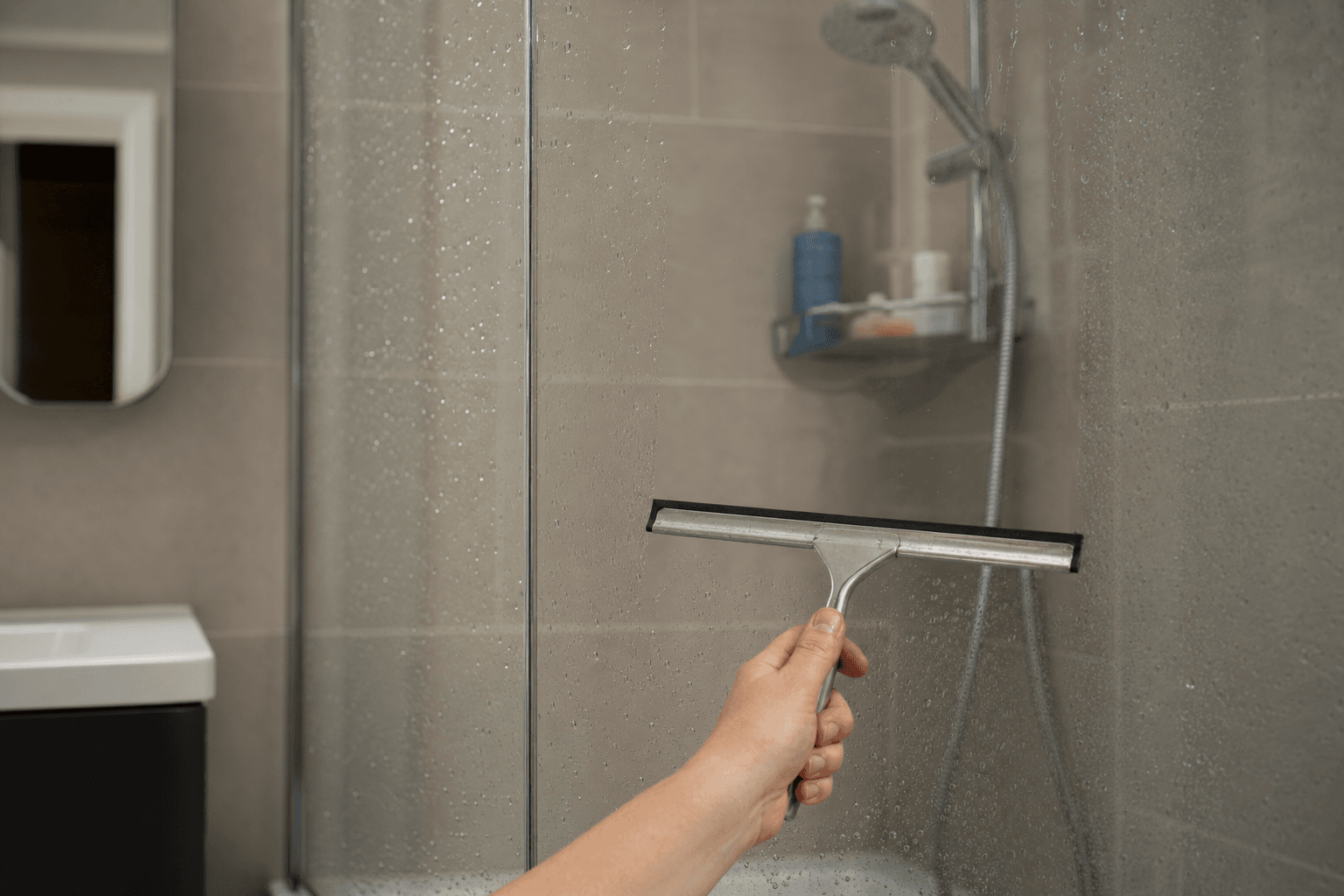 Squeegee clearing water from a glass shower screen in a UK bathroom