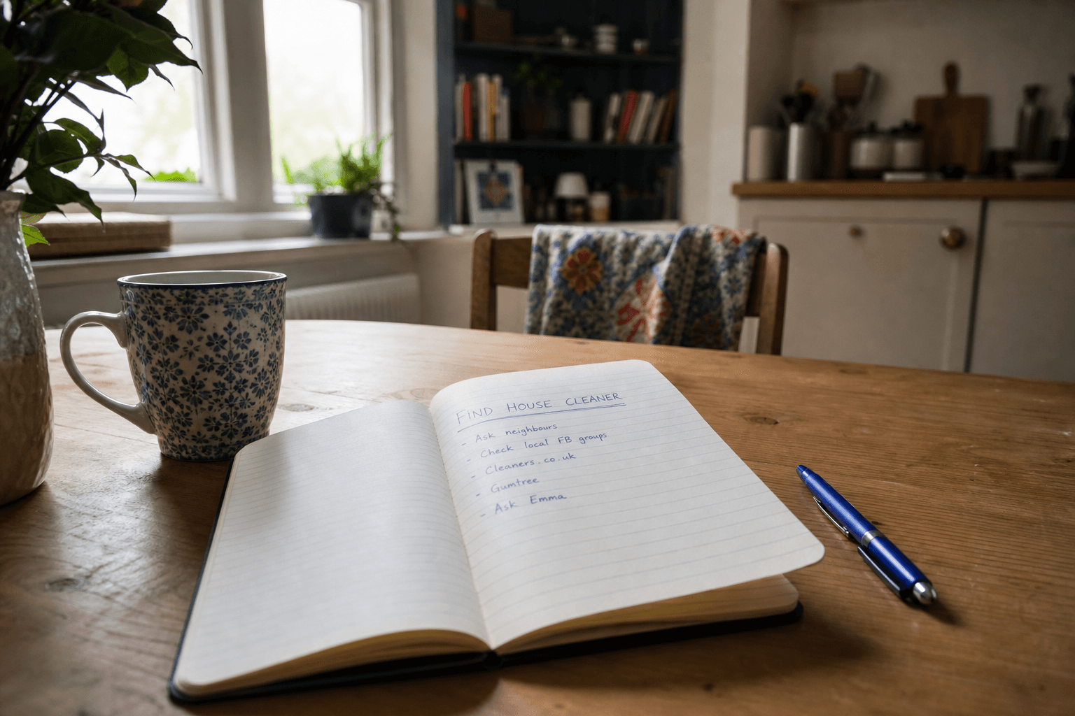 Notebook on a UK kitchen table for planning to find a house cleaner