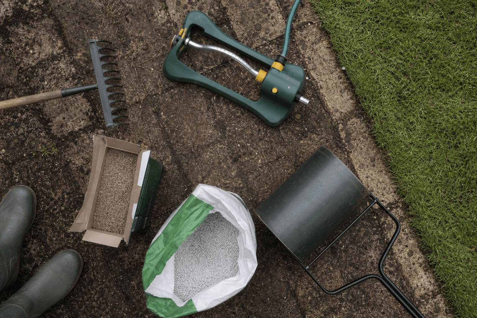 Flat lay of UK lawn seeding tools including rake, sprinkler, seed and fertiliser