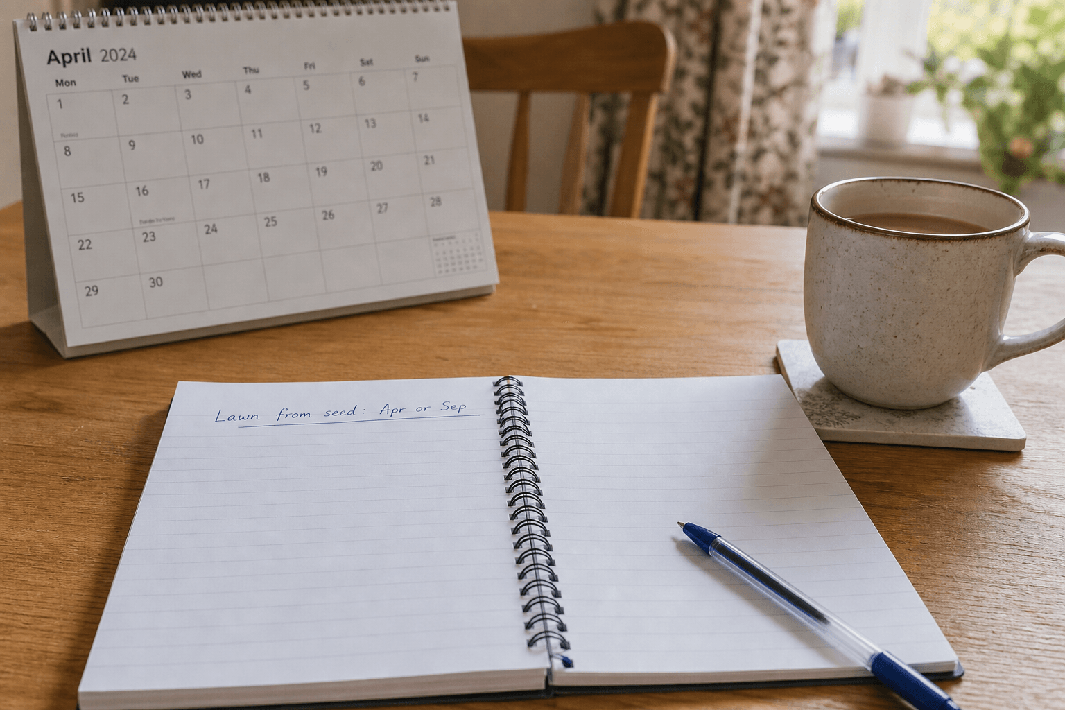 Notebook planning a UK lawn sowing schedule for April or September